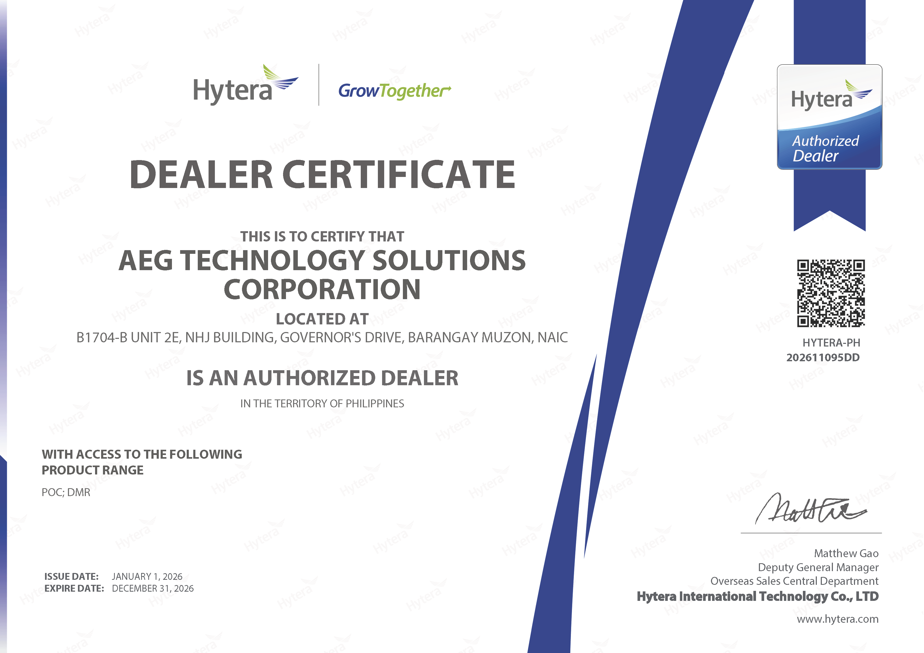 AEG Technology Solutions Corporation Hytera Authorized Dealer Certificate