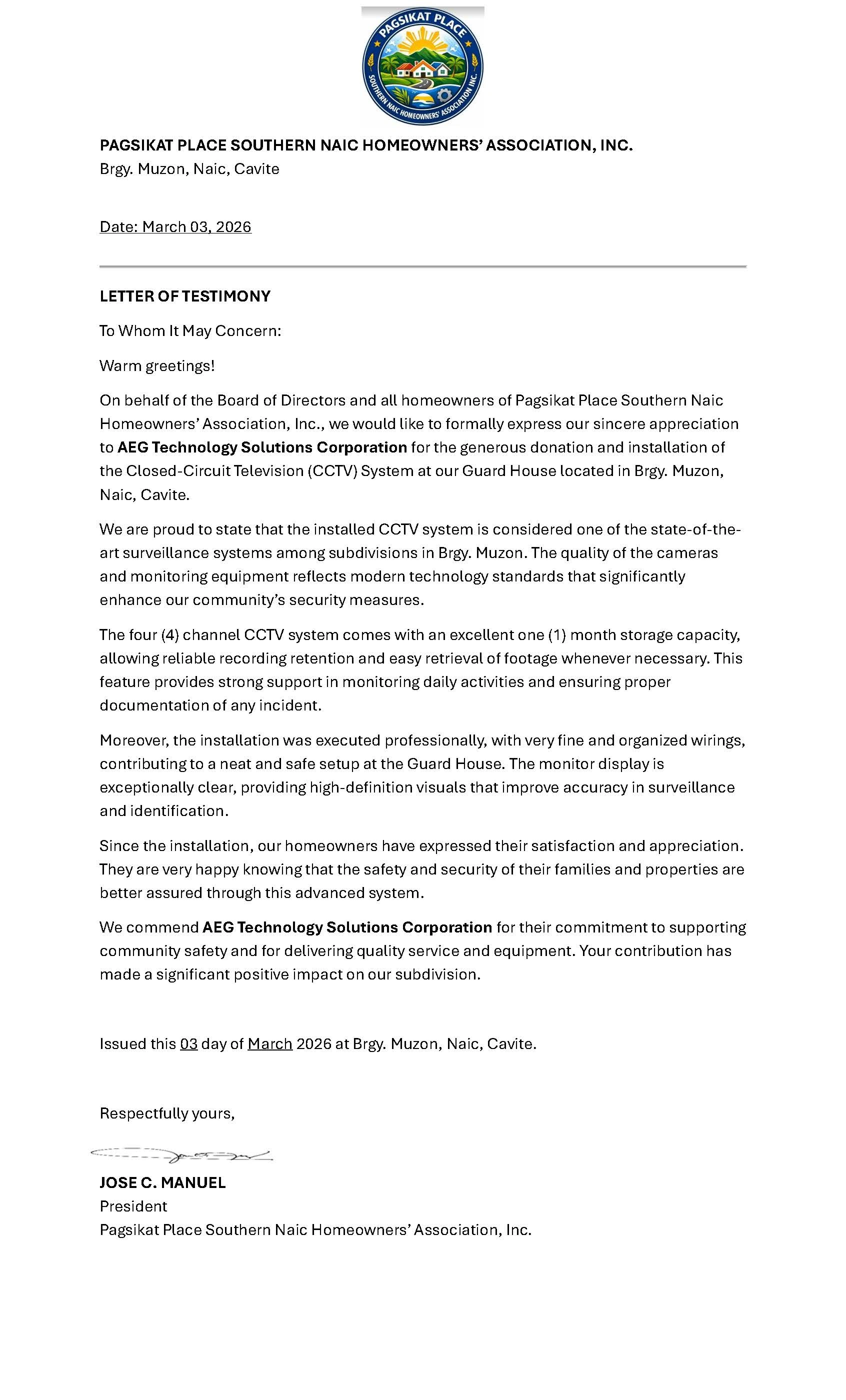 PAGSIKAT PLACE SOUTHERN NAIC HOMEOWNERS Appreciation Letter